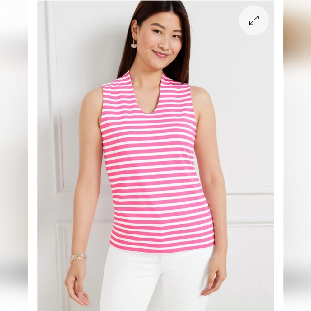 Talbots Womens Relaxed Fit Jersey Sleeveless V-neck Pink White Striped Top Sz M.